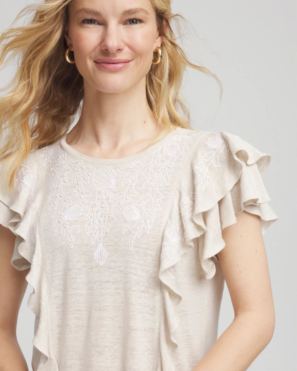 Embroidered Flutter-Sleeve Tee