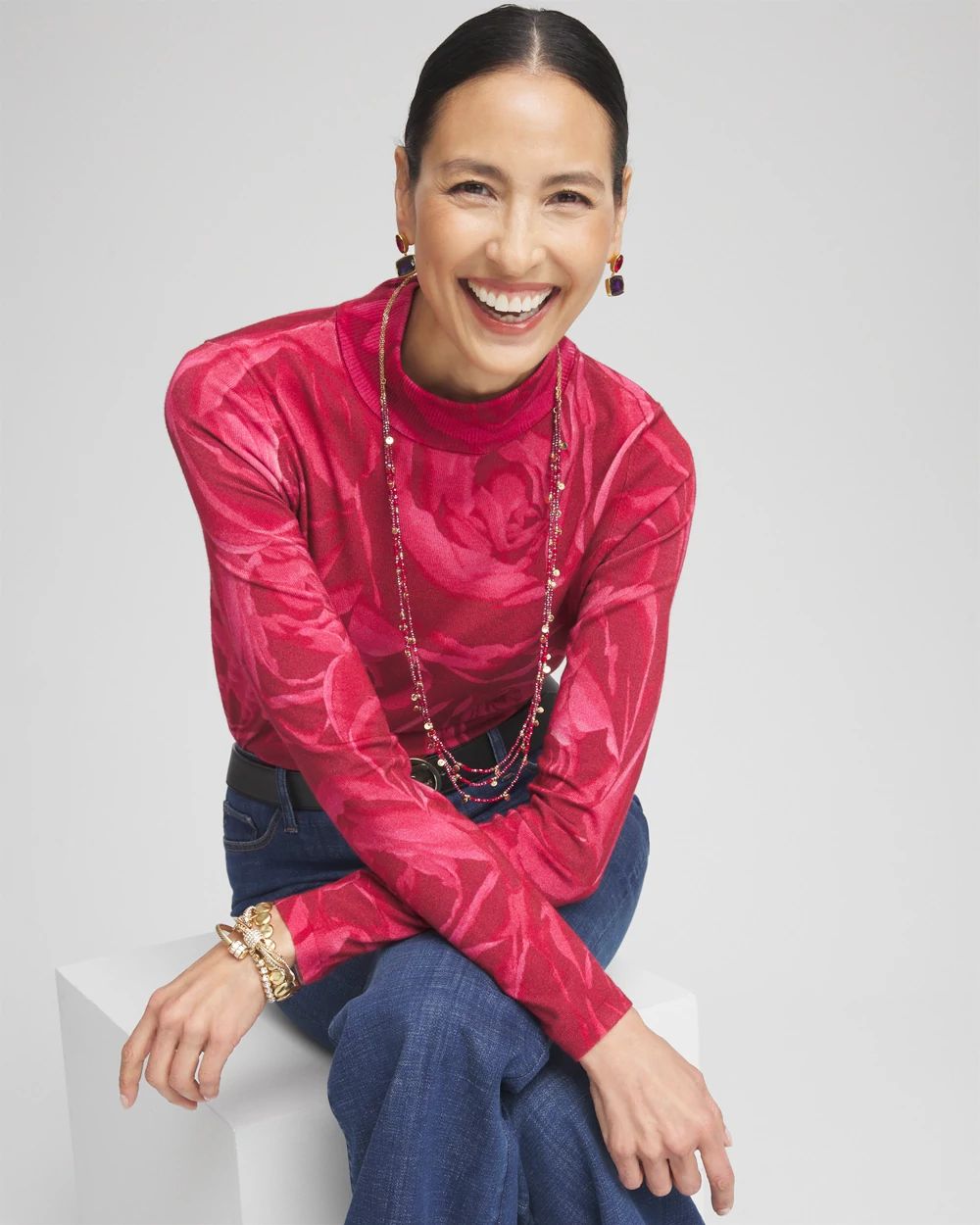 Rose Print Mockneck Pullover Sweater click to view larger image.