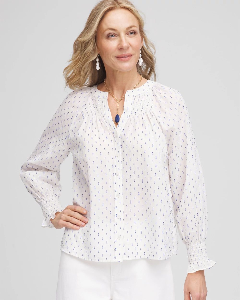 Smocked Split-neck Blouse