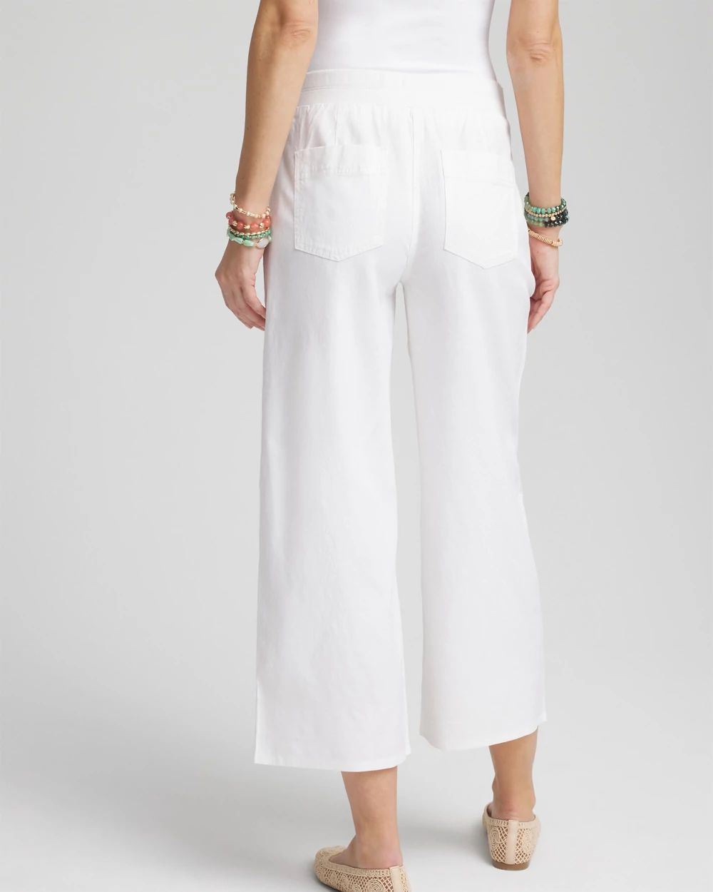 Ribbed Waist Linen Blend Straight-Leg Cropped Pants