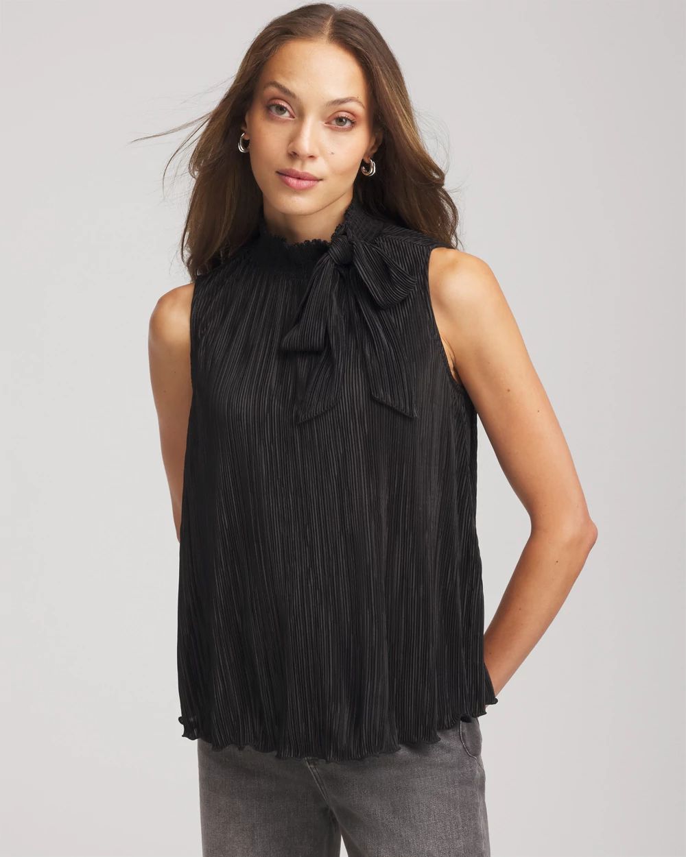 Pleated Smocked Tie-Neck Top