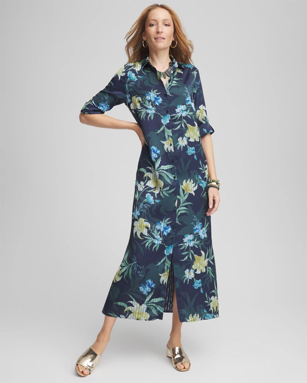 Satin Floral Maxi Shirtdress