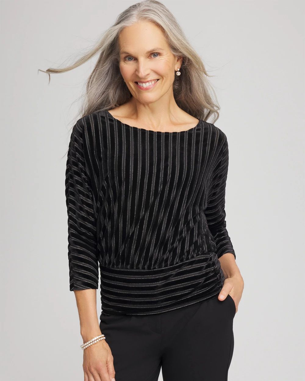 Velvet Burnout Stripe Banded-Bottom Top