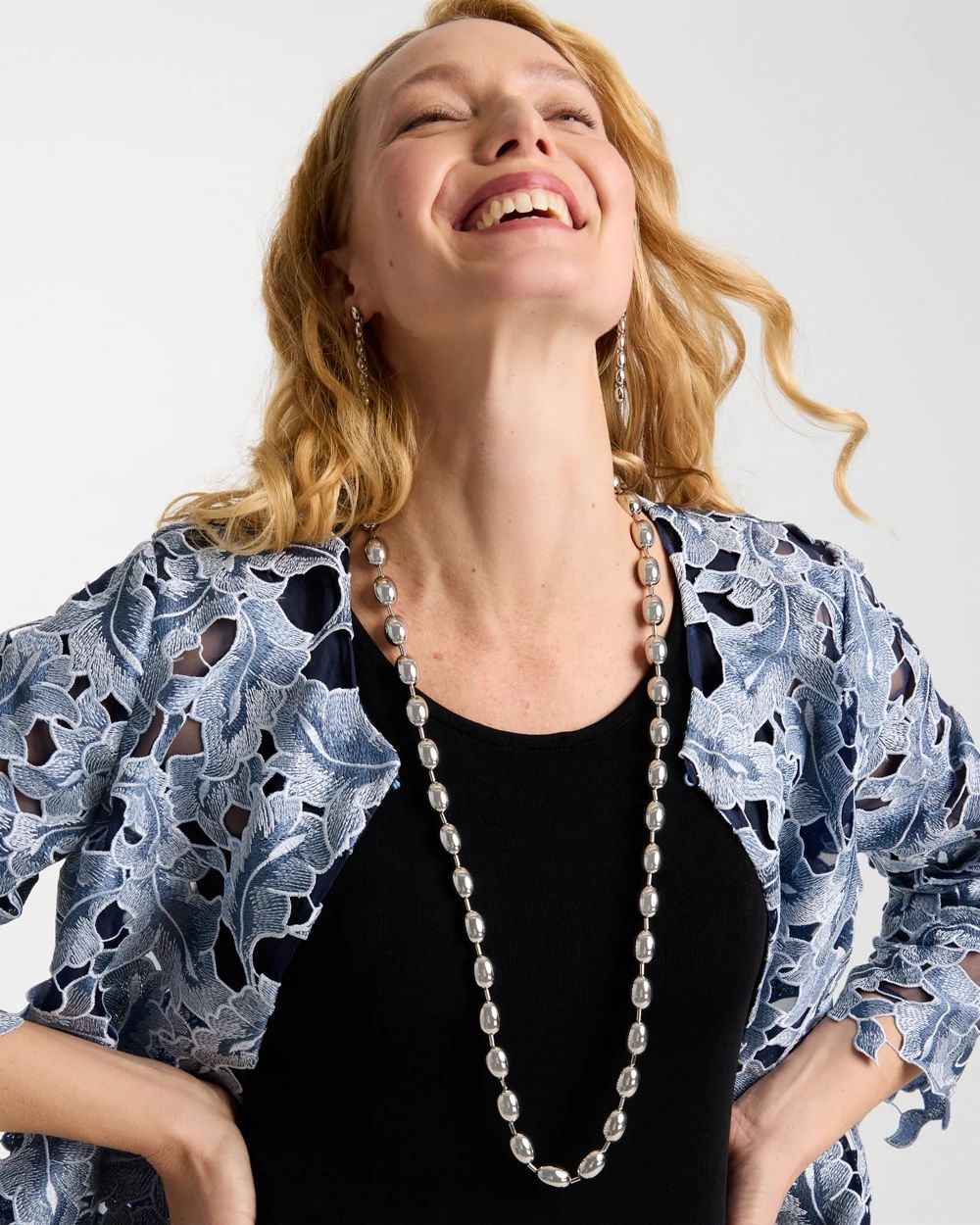 Silver Bead Long Single Strand Necklace click to view larger image.