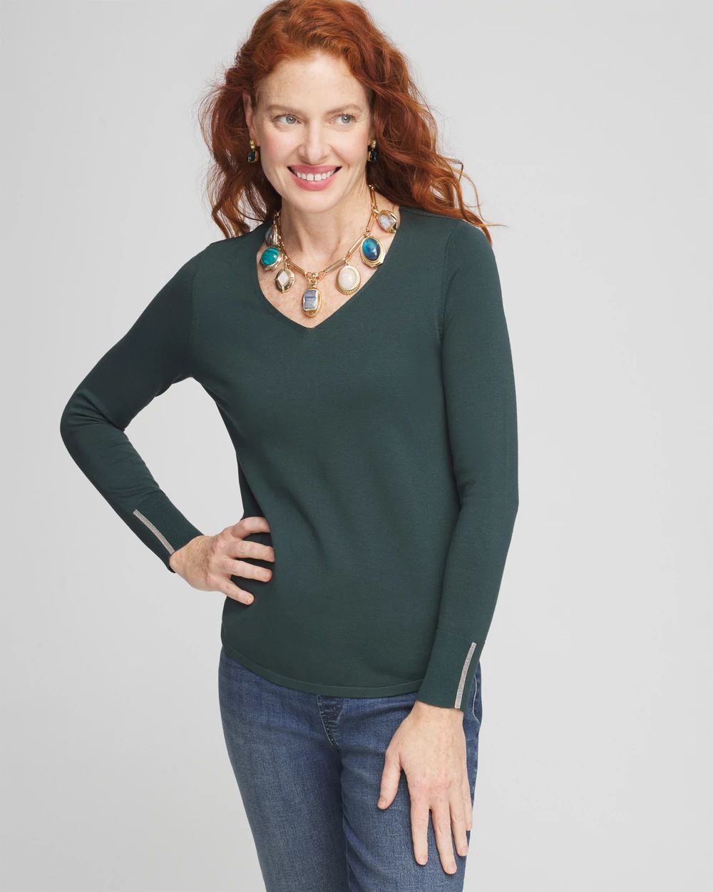 Caviar Trim V-Neck Pullover Sweater