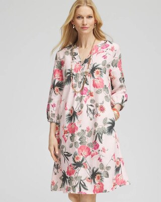 Floral Linen Pintuck 3/4 Sleeved Dress