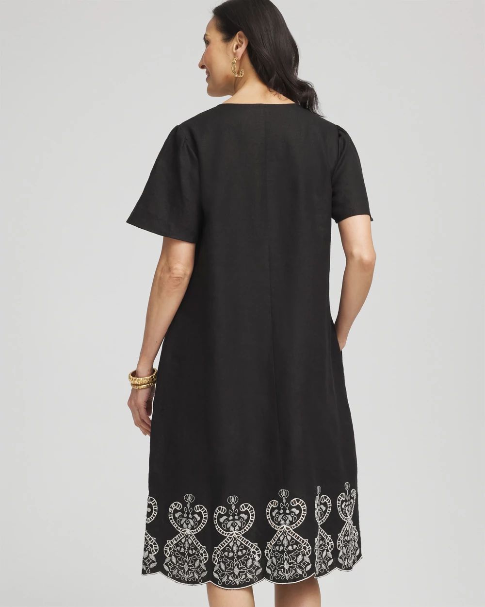 Embroidered Linen Flutter-Sleeve Dress