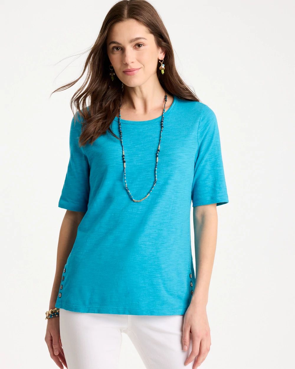 Cotton Slub Crewneck Button Tee