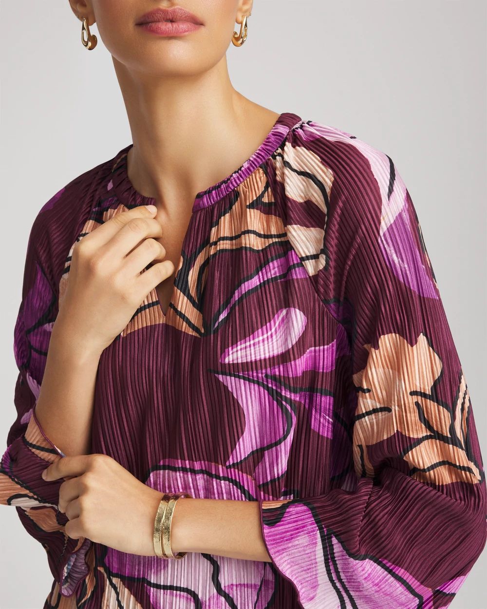 Printed Pleated V-Neck Tee click to view larger image.