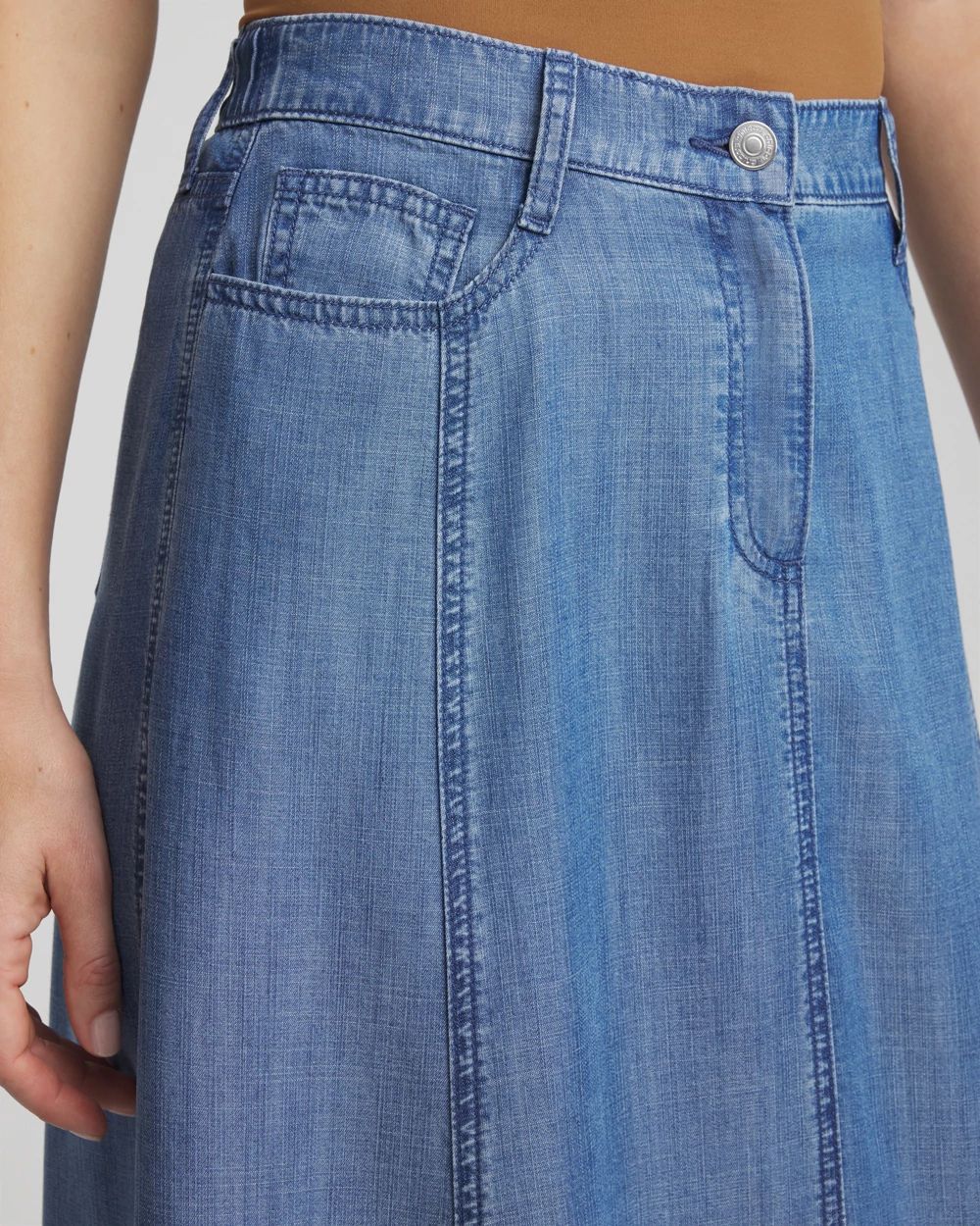 Lightweight Denim Fly Front Midi Skirt click to view larger image.