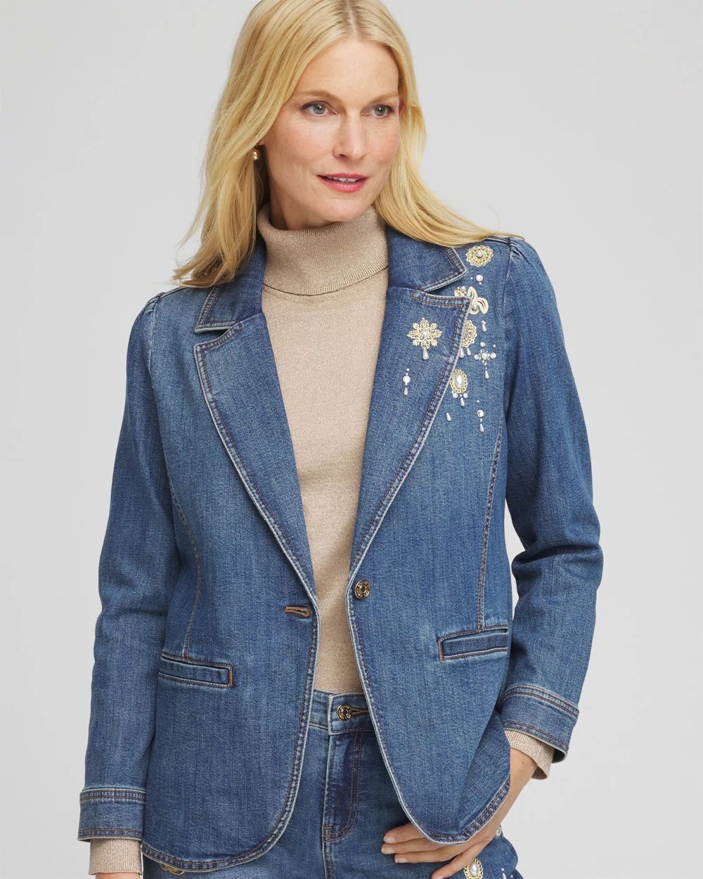 Pearl Brooch Denim Blazer