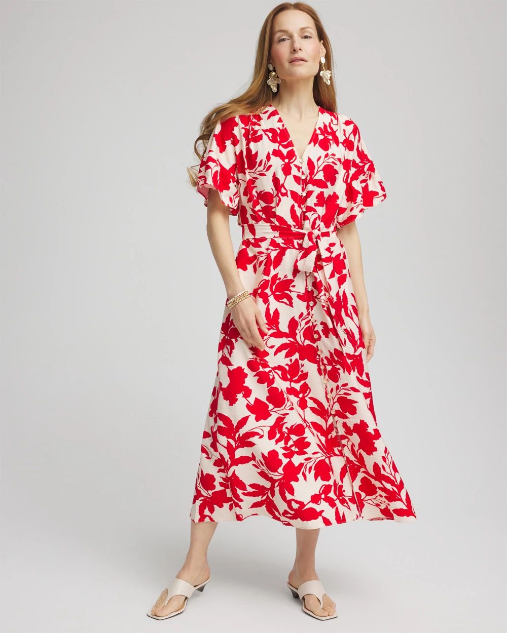 Floral Ruffle-Sleeved Midi Dress