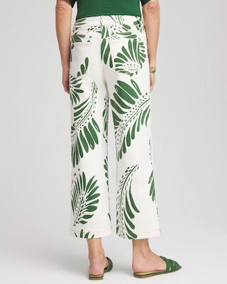 Palm-Frond-Motif Pull-On Wide-Leg Cropped Jeans click to view larger image.