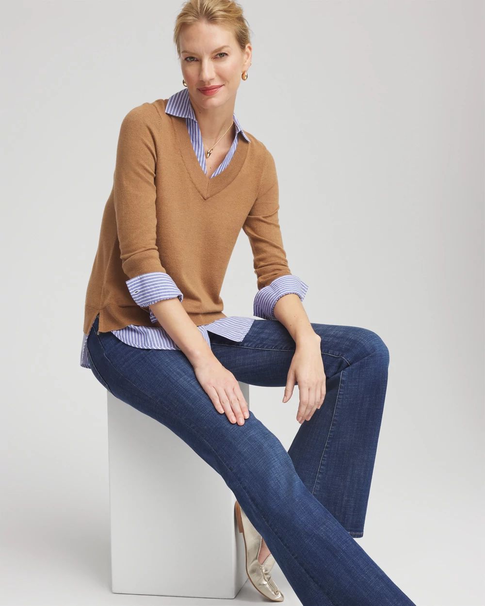 Camel Built-In Shirt Knit Sweater