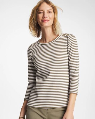 Striped Ribbed Button Crewneck Tee click to view larger image.