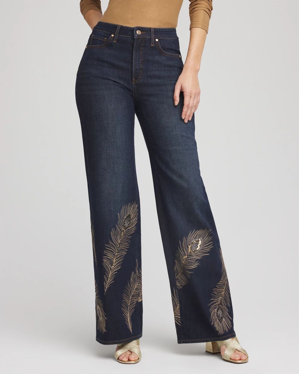 Petite Embellished High-Rise Wide-Leg Jeans