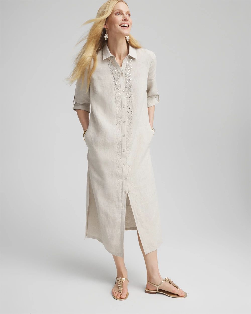 Linen Embellished Midi Shirt Dress click to view larger image.