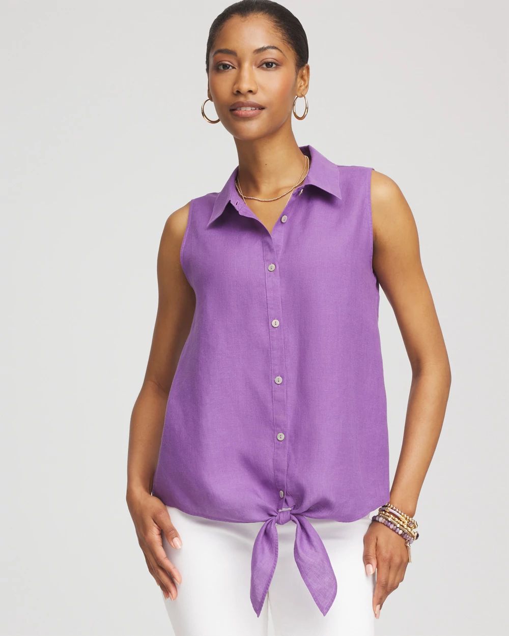 No Iron™ Linen Tie-Front Sleeveless Shirt