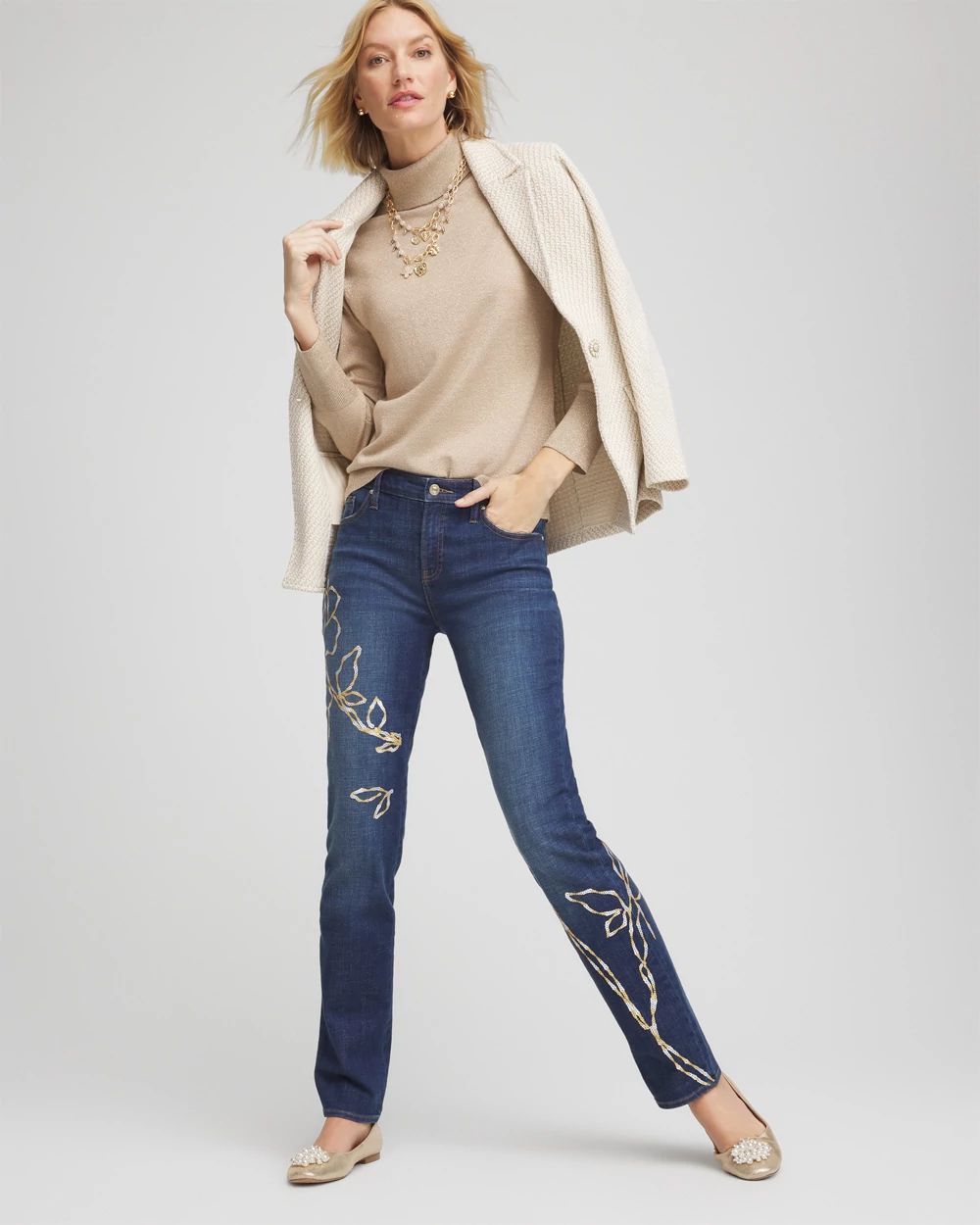 Sequins Rose Girlfriend Slim-Leg Jeans click to view larger image.