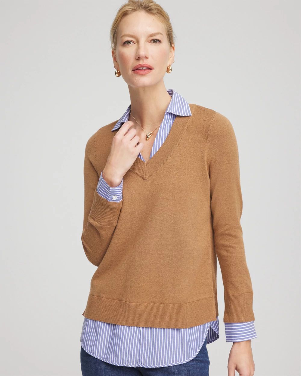 Camel Built-In Shirt Knit Sweater