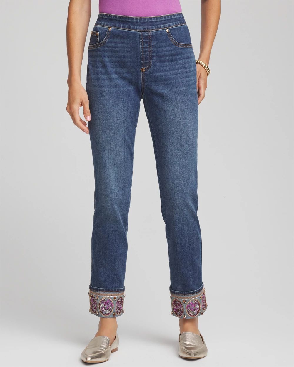 Embellished Pull-On Slim Ankle Jeggings