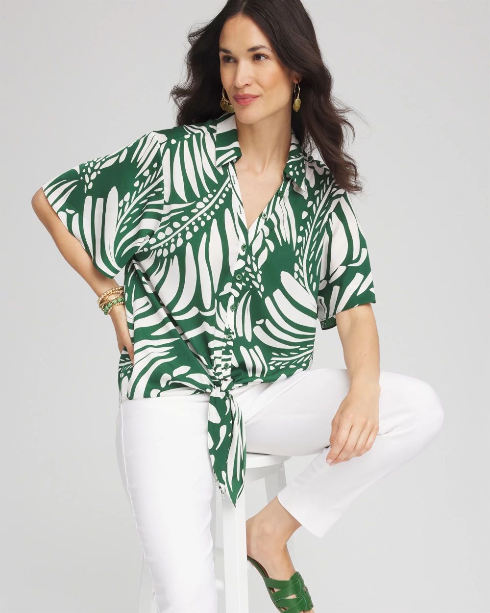 Palm Print Tie-Front Silky Top click to view larger image.