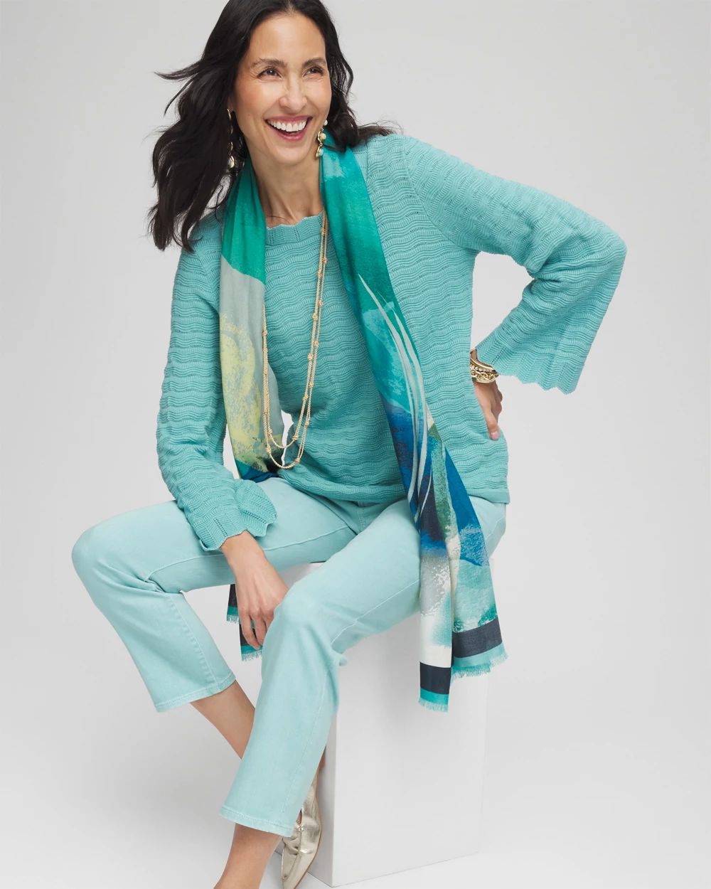 Pointelle Scalloped Hem Flare Sleeve Pullover