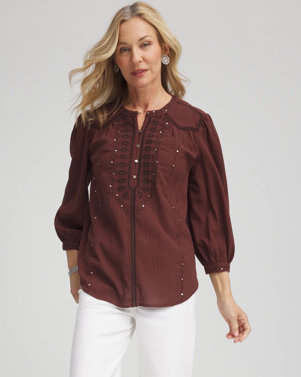 Embroidered Crinkle-Cotton Blouse