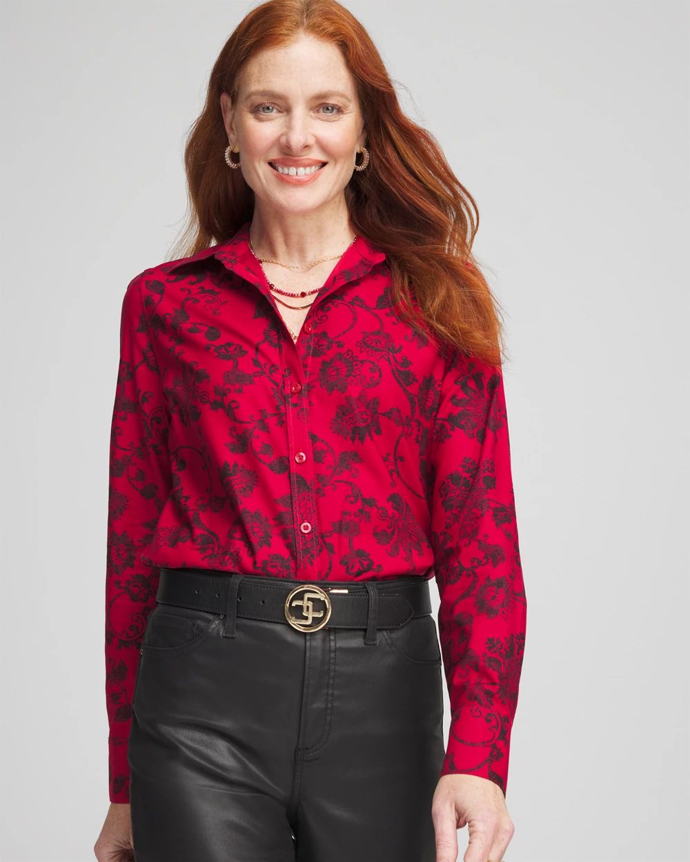 No Iron™ Red & Black Floral Shirt