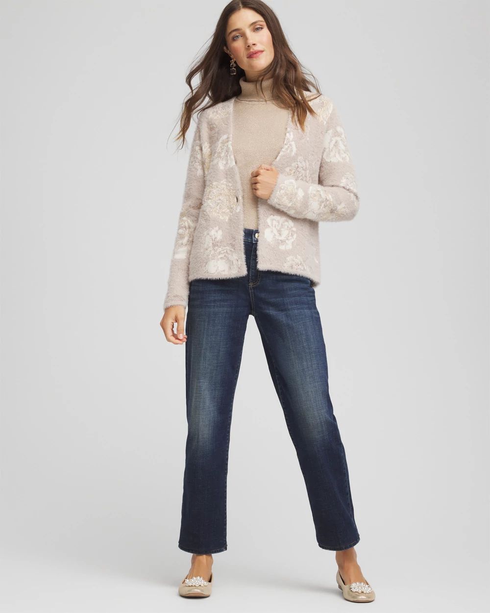 Fuzzy Jacquard Boyfriend Cardigan click to view larger image.