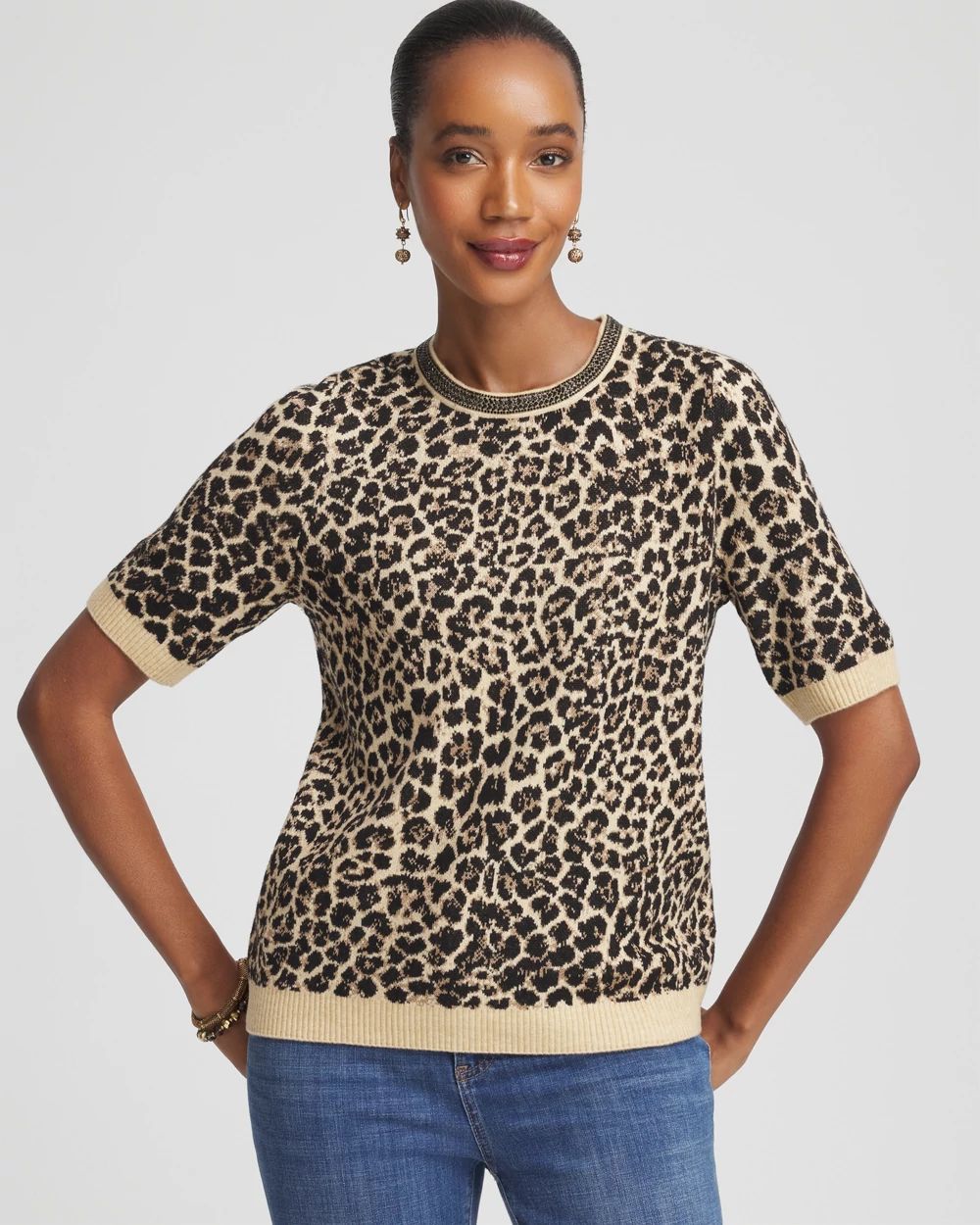 Embellished Crewneck Animal-Print Sweater