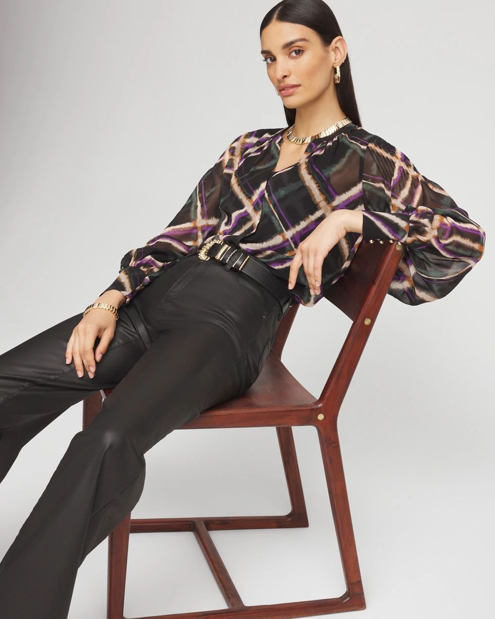 Plaid Pintuck Sleeve Blouse