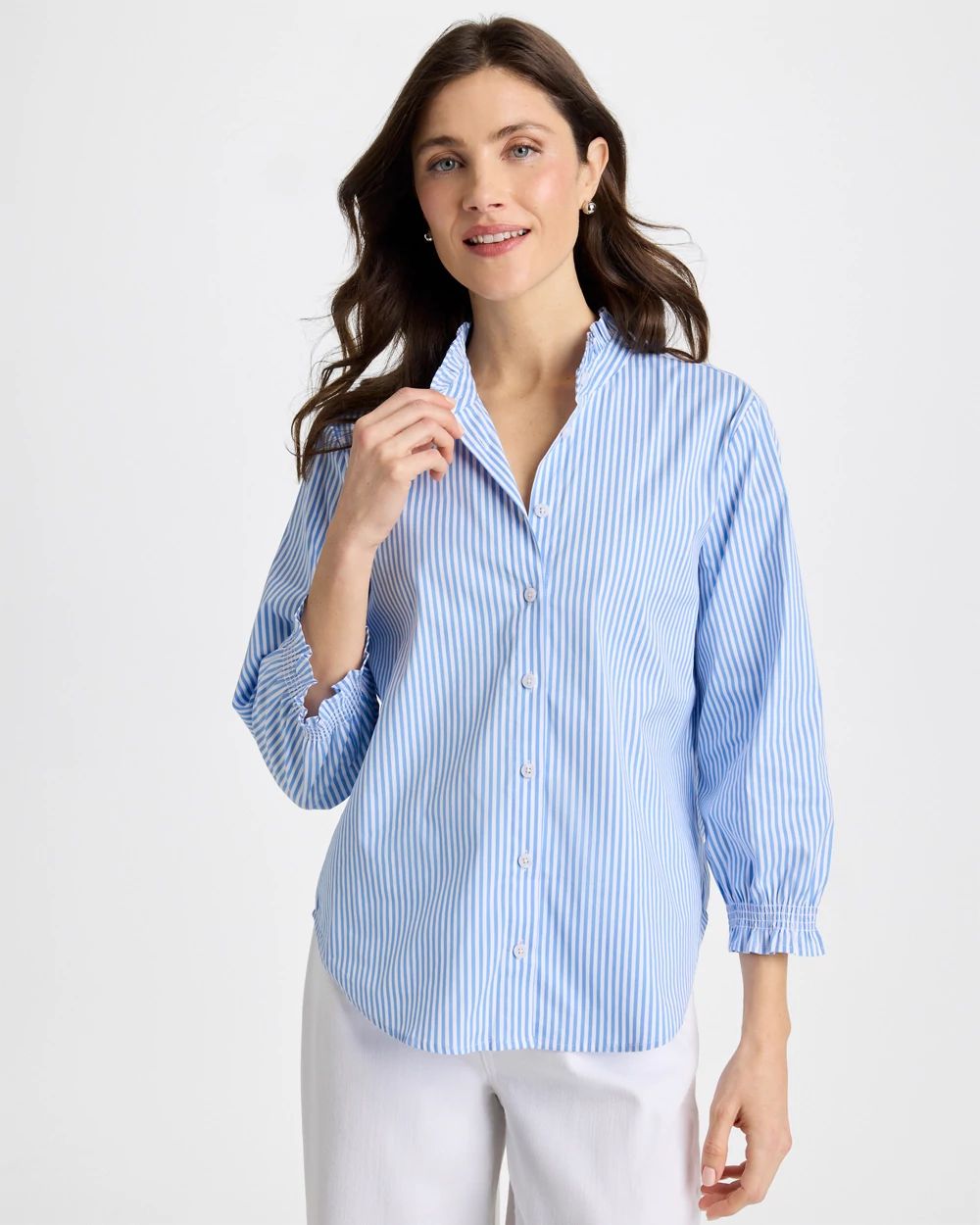 Striped Poplin Ruffle Neck Shirt