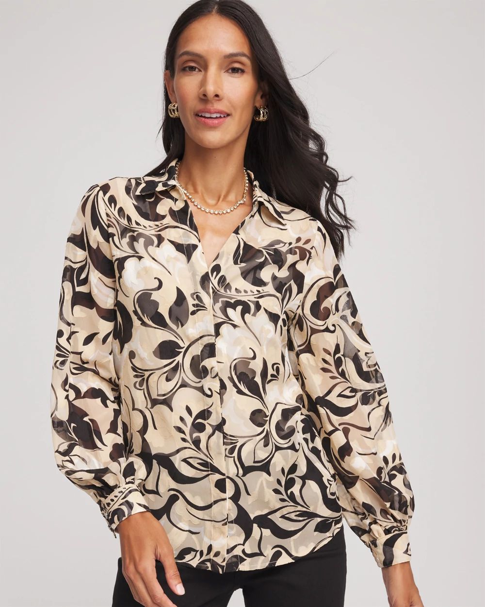 Floral Burnout Blouson-Sleeve Blouse
