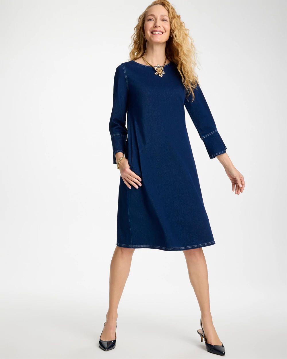 Bell Sleeve Knit Denim Dress click to view larger image.