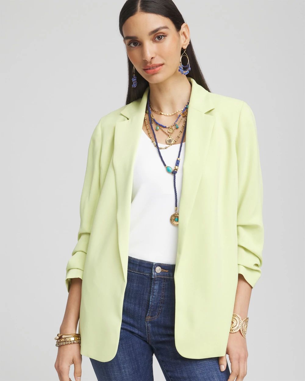 Notched-Lapel Ruched Sleeve Blazer
