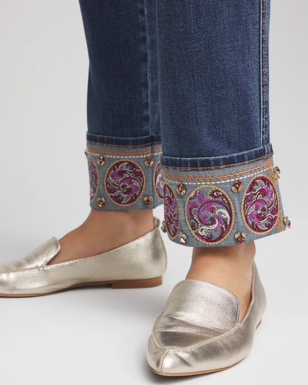 Embellished Pull-On Slim Ankle Jeggings
