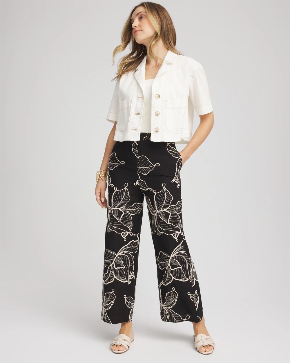 Petite Embroidered Wide-Leg Cropped Pants