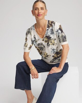 Floral V-Neck Sweater Tee click to view larger image.