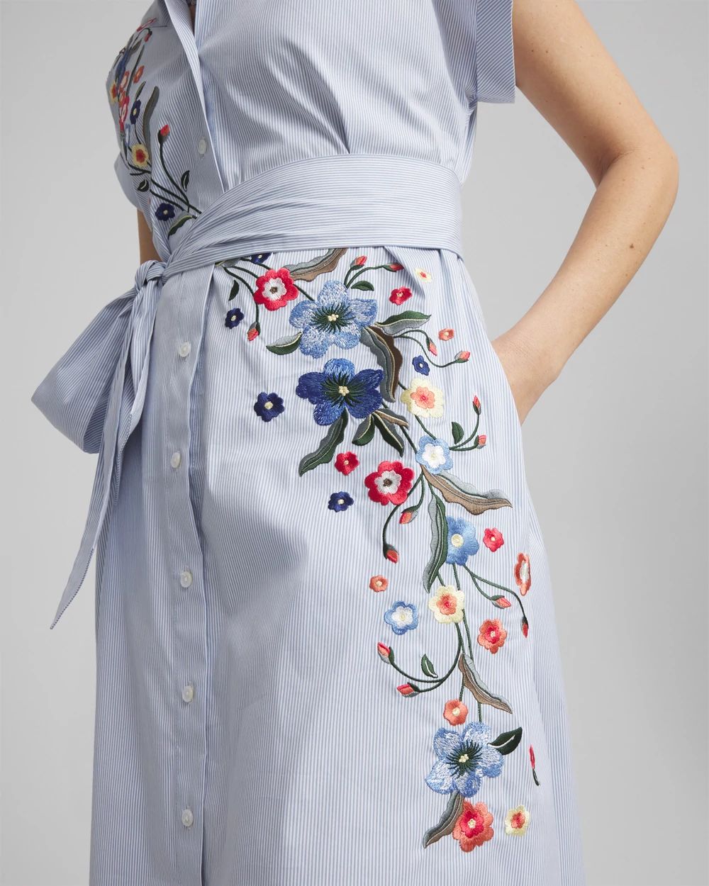 Striped Embroidered Poplin Midi Shirtdress click to view larger image.
