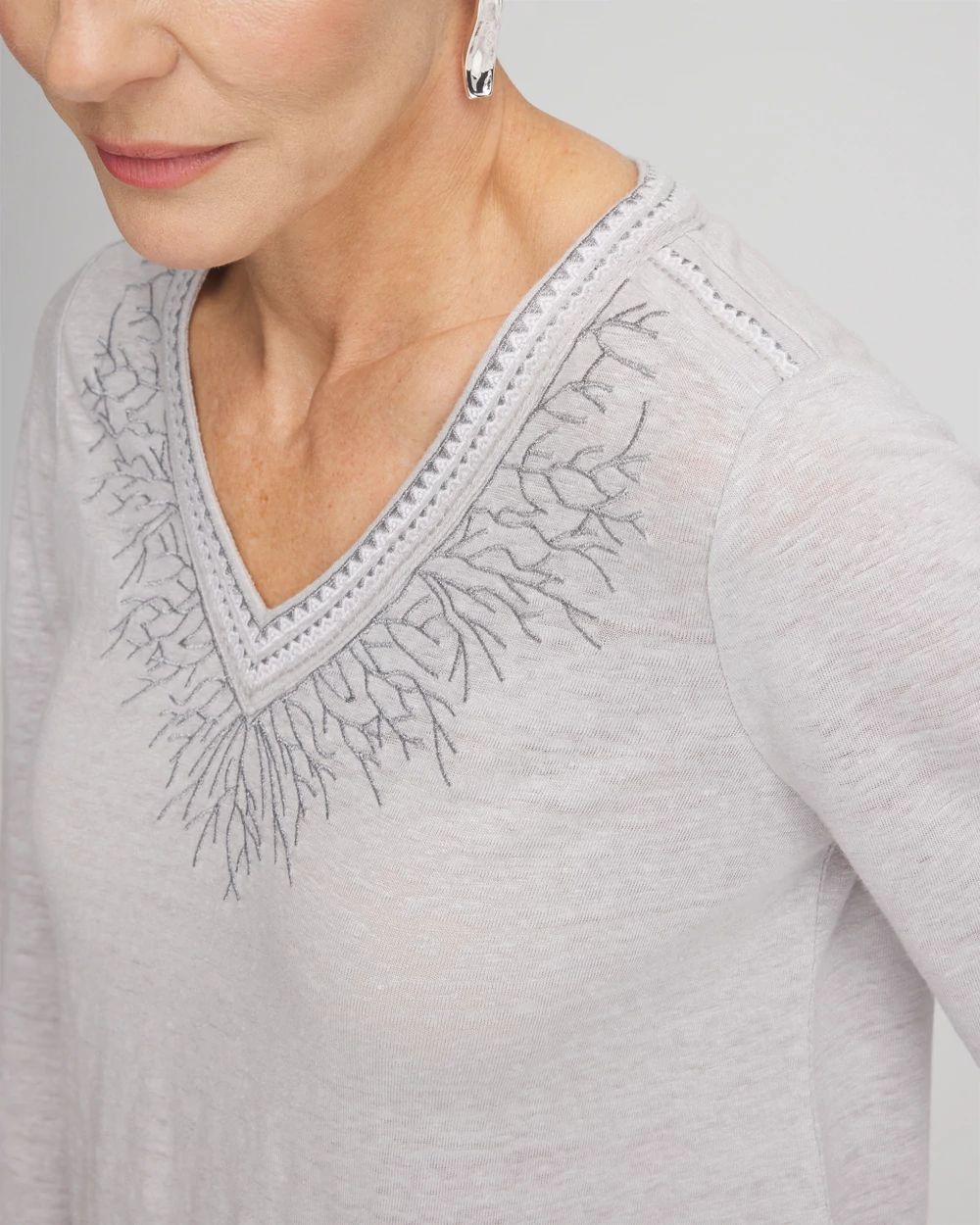 Linen Metallic Embroidered V-Neck Tunic click to view larger image.