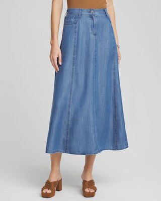 Lightweight Denim Fly Front Midi Skirt click to view larger image.