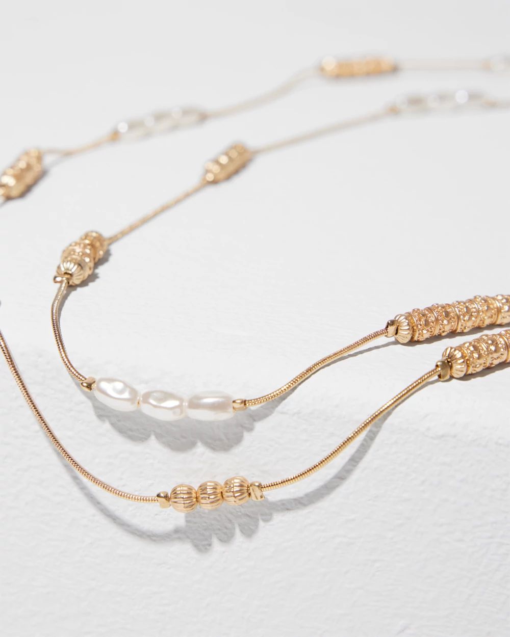 Long Faux-Pearl and Goldtone Double-Strand Necklace click to view larger image.