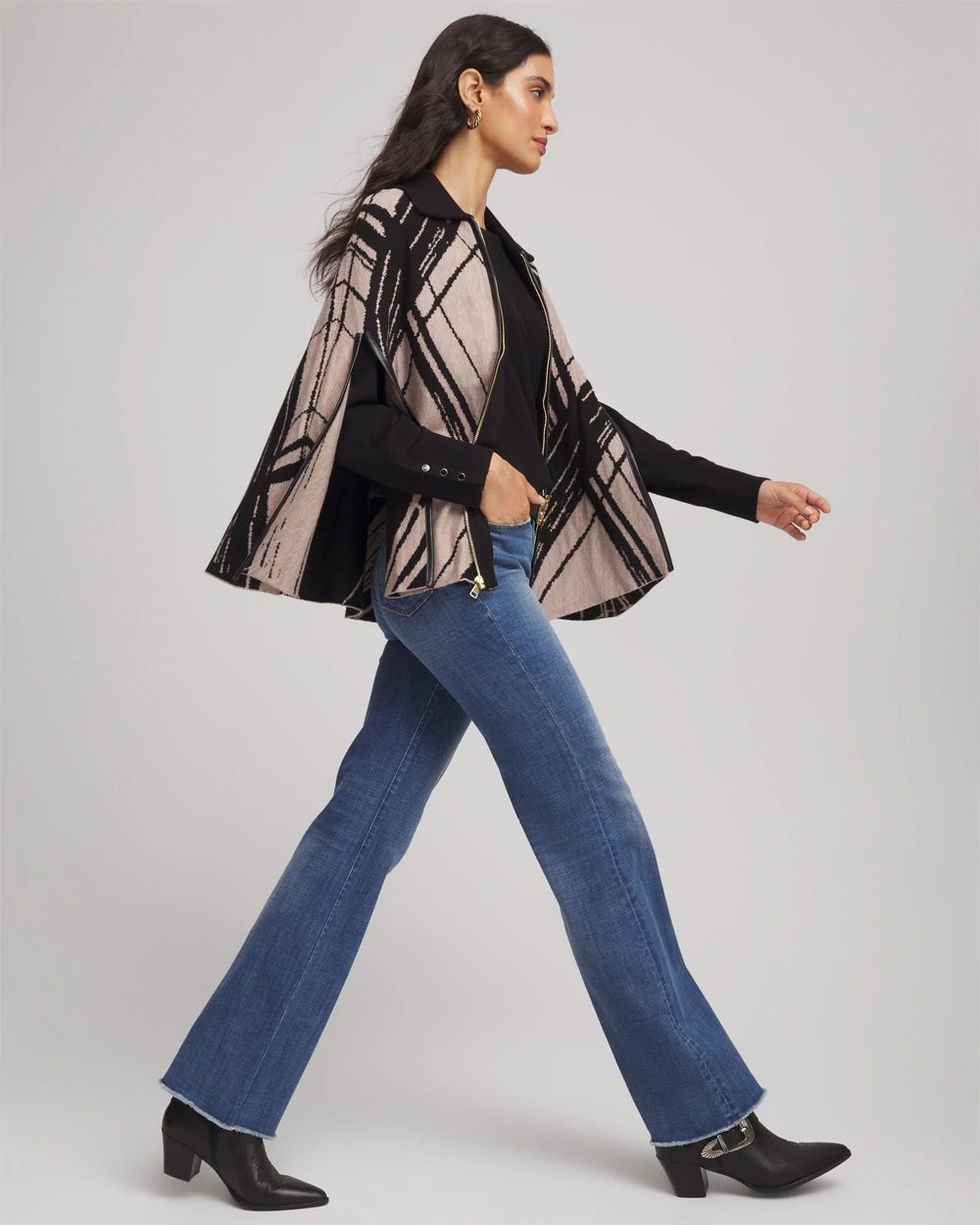 Jacquard Zip-Front Sweater Cape