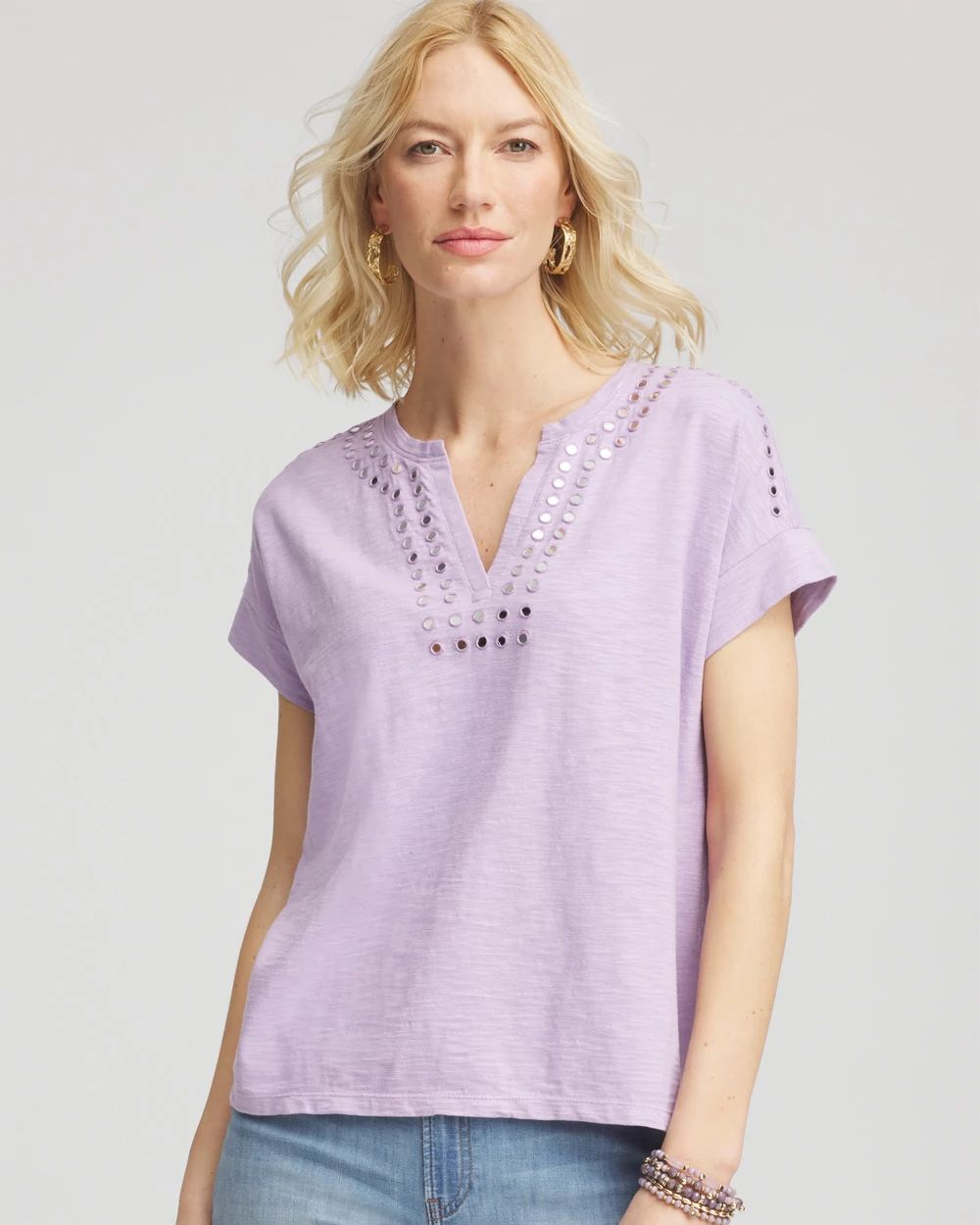 Paillette Trim Cotton Slub Tee