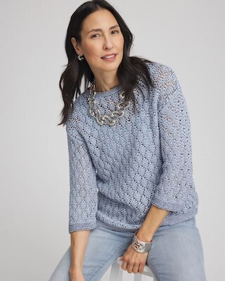 Pointelle Bateau-Neck Pullover Sweater click to view larger image.