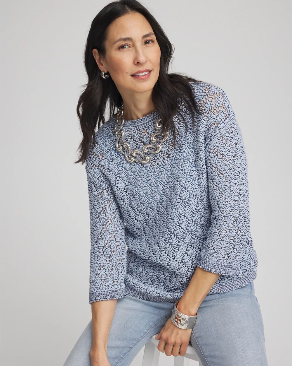 Pointelle Bateau-Neck Pullover Sweater click to view larger image.