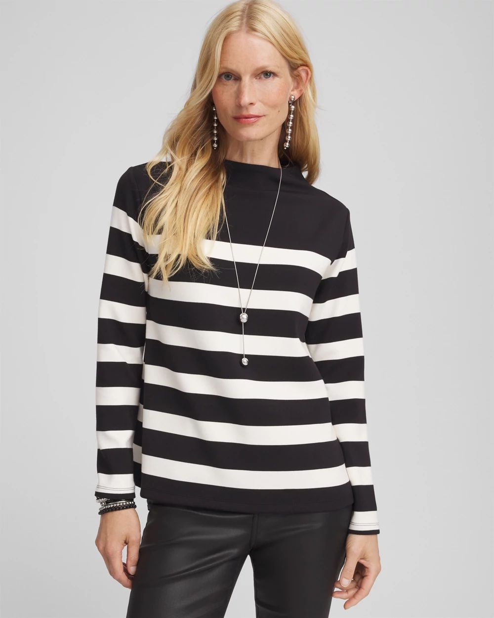Black & White Striped Mock Neck Top