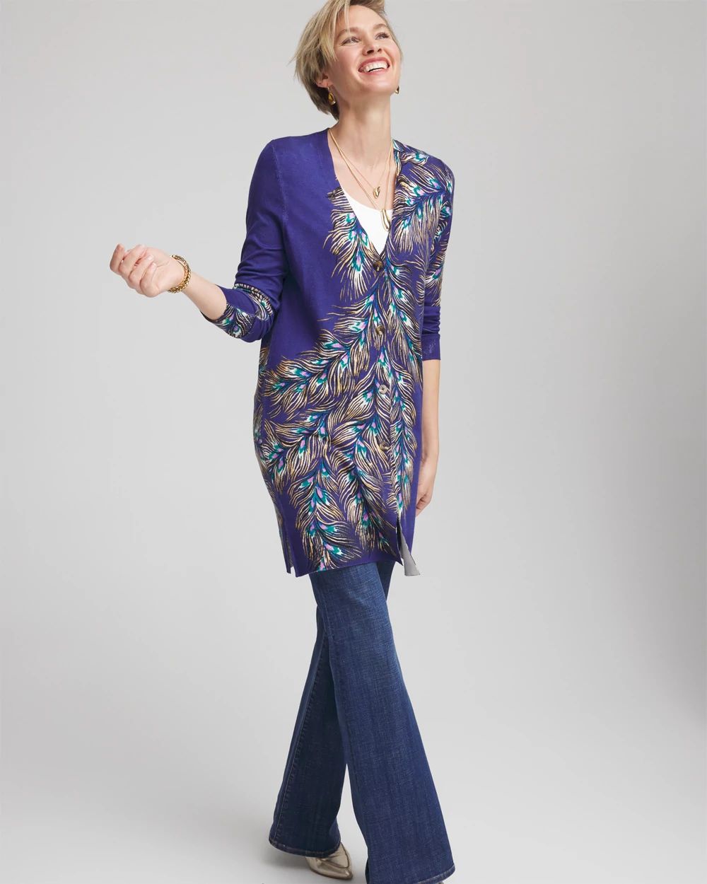 Ella Peacock-Print Cardigan Sweater click to view larger image.