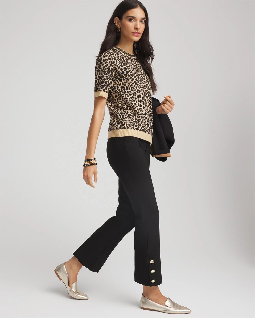 Bi-Stretch Flared Button-Hem Cropped Pants